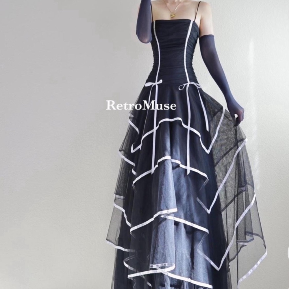 Vintage 90s Black Tiered Evening Dress with White Trim